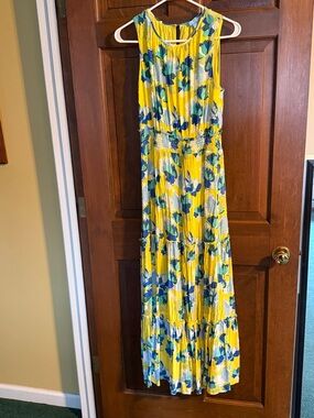 DRAPER JAMES RSVP Blue/Yellow Floral Swiss Dot Tiered Maxi Dress size M NWOT